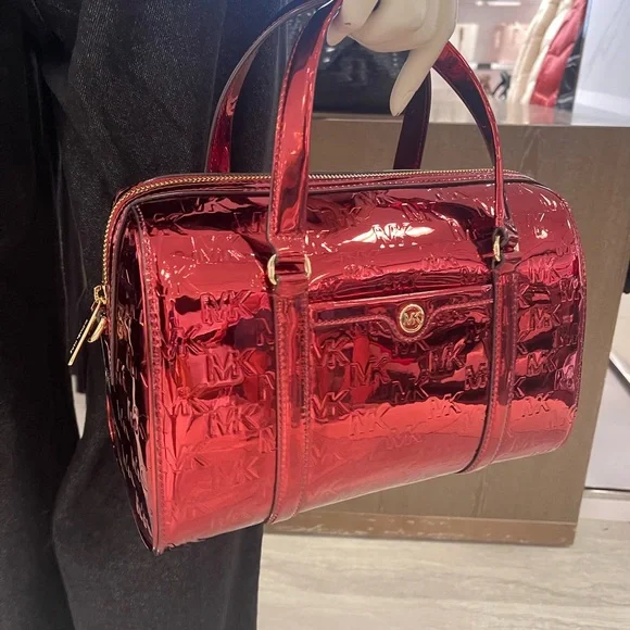 MICHAEL KORS Jet Set Medium Metallic Logo Debossed Satchel
Cherry 
NWT - Picture 6 of 16